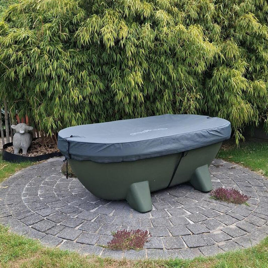 Olive Green Gardentub with the standard anthracite Gardentub Cover in a garden